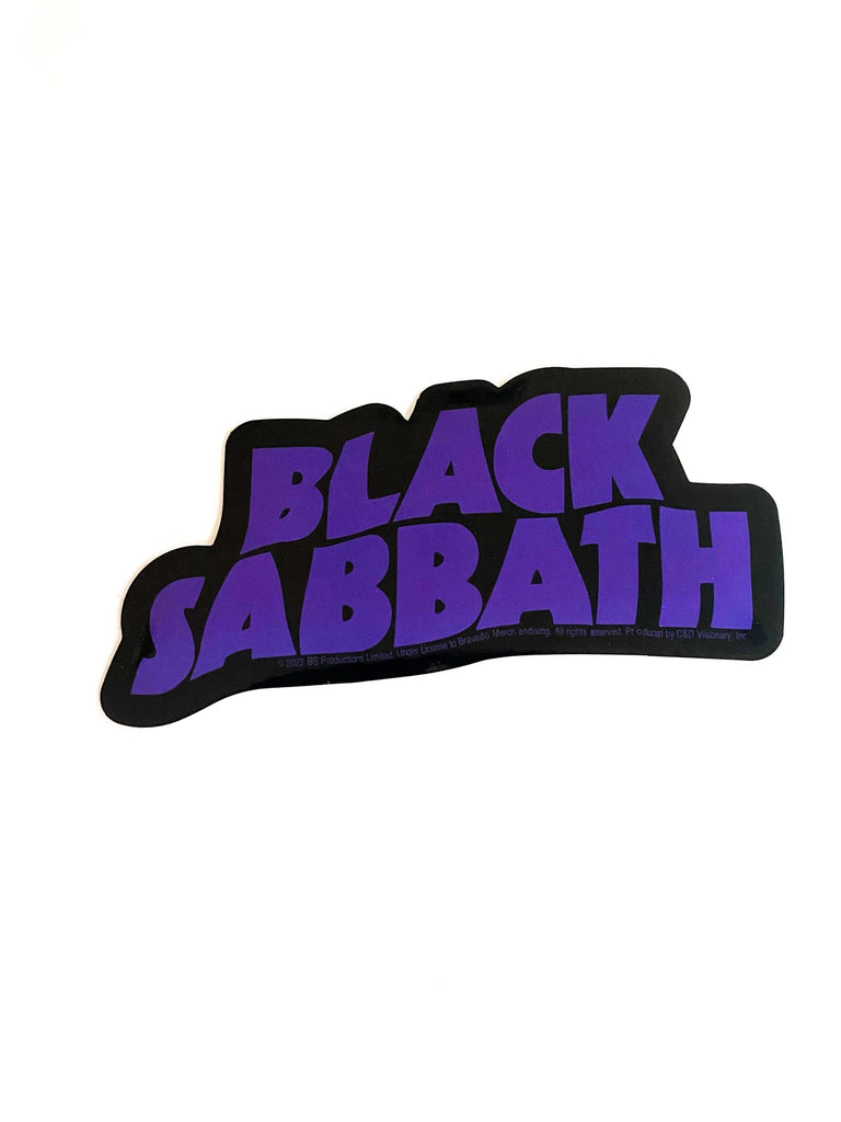 Black Sabbath purple wavy logo sticker held by a hand against a white background. Officially licensed merch at Rock & Roll Jane.