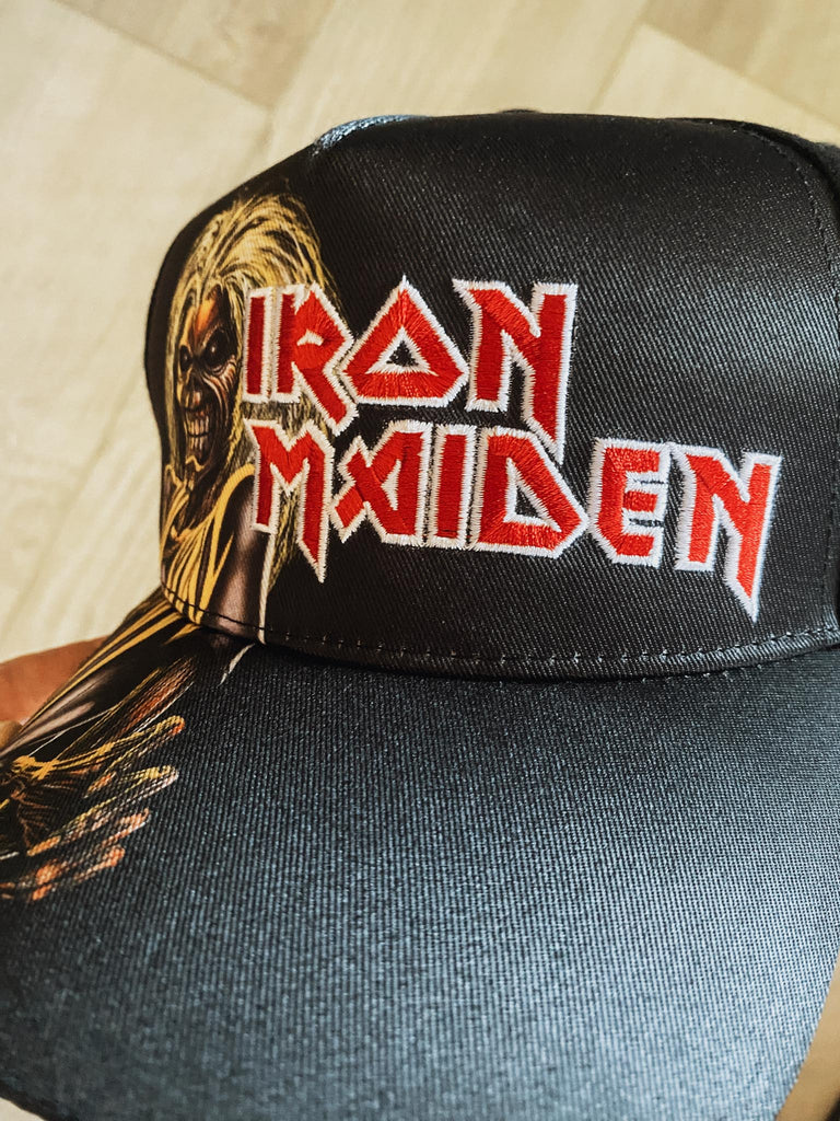 Iron Maiden Killers baseball cap featuring embroidered logo in red and while and Eddie. Embroidered "killers" on the back. Office merch at Rock & Roll Jane.