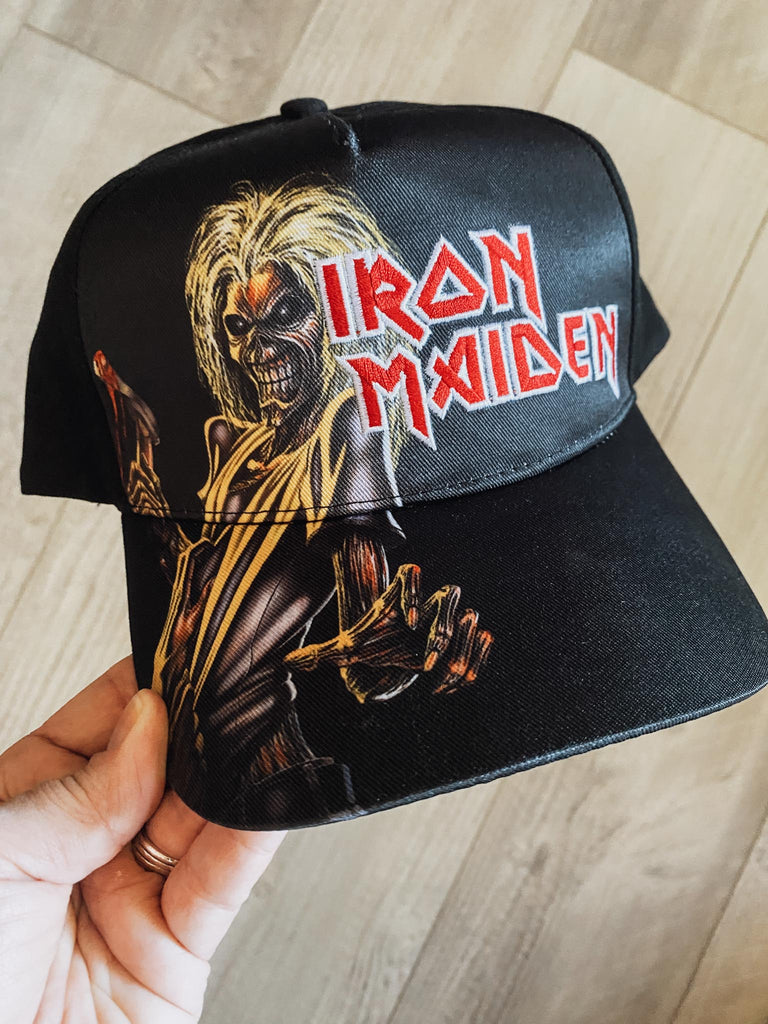 Iron Maiden Killers baseball cap featuring embroidered logo in red and while and Eddie. Embroidered "killers" on the back. Office merch at Rock & Roll Jane.