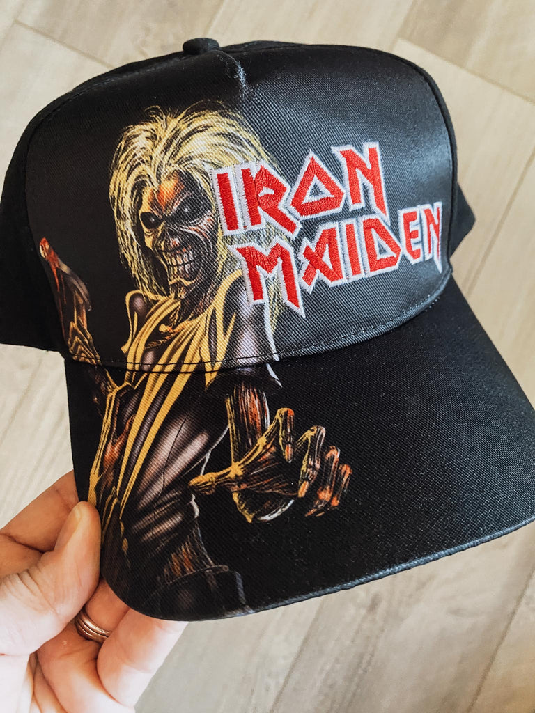 Iron Maiden Killers baseball cap featuring embroidered logo in red and while and Eddie. Embroidered "killers" on the back. Office merch at Rock & Roll Jane.
