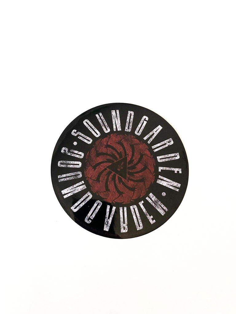Round sticker with 'Soundgarden' logo on a white background. Badmotorfinger album. Official merch available at Rock & Roll Jane.