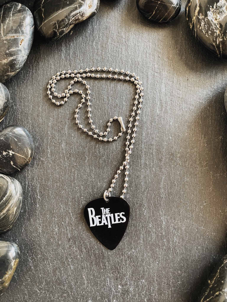 Beatles Black with White logo Guitar Pick Necklace | 18" ball chain with extra cord | Rock & Roll Jane | Officially licensed band tees and merch