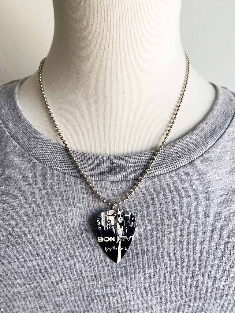 Bon Jovi Guitar Pick necklace | 18" stainless steel ball chain | fast shipping and free stickers with every order | We sell officially licensed band tees and more at Rock & Roll Jane