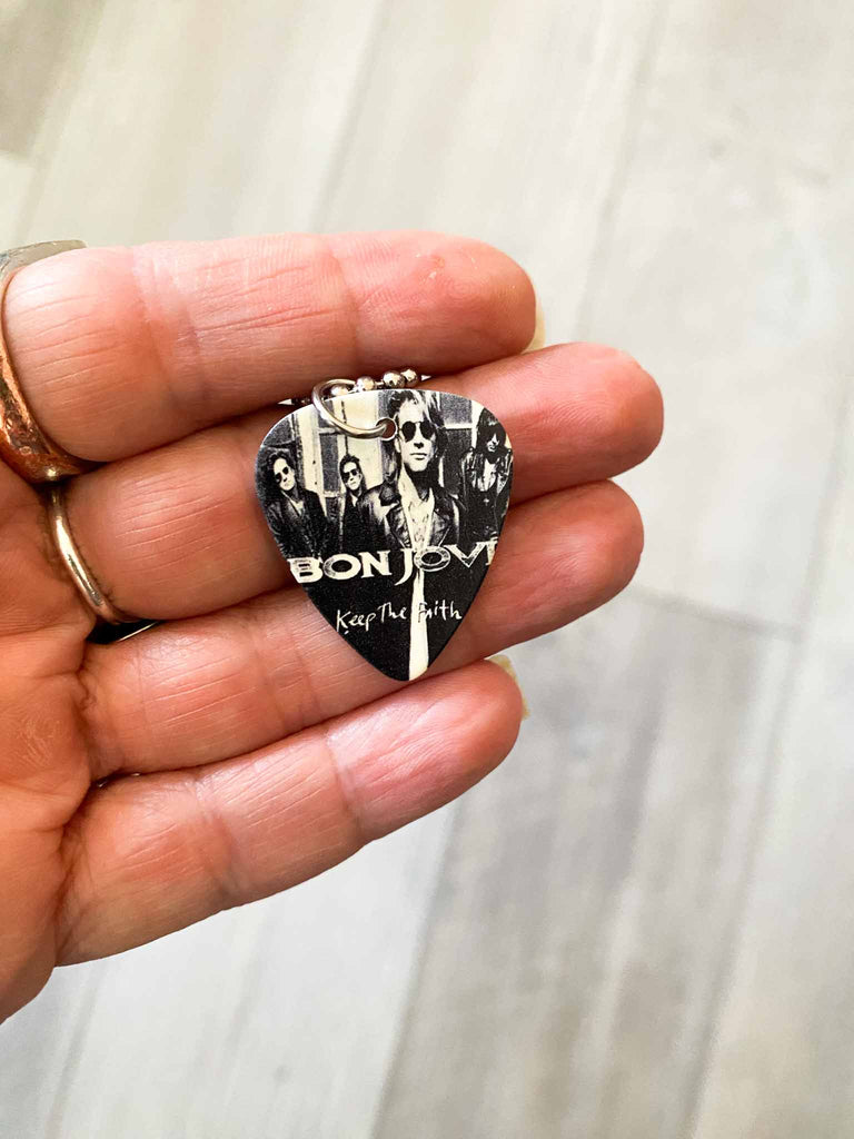 Bon Jovi Guitar Pick necklace | 18" stainless steel ball chain | fast shipping and free stickers with every order | We sell officially licensed band tees and more at Rock & Roll Jane