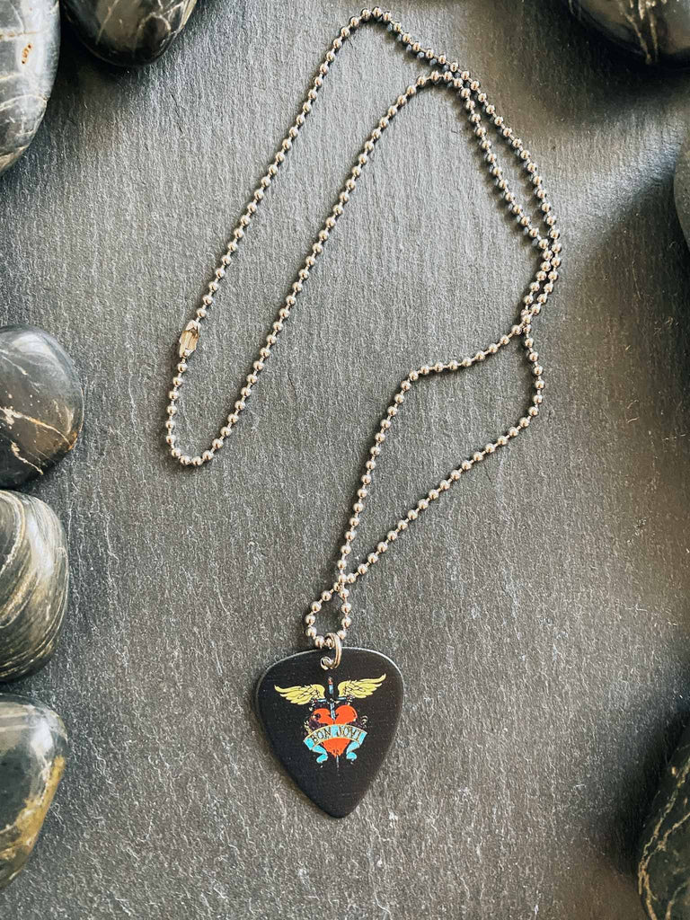 Bon Jovi Guitar Pick necklace | 18" stainless steel ball chain | fast shipping and free stickers with every order | We sell officially licensed band tees and more at Rock & Roll Jane