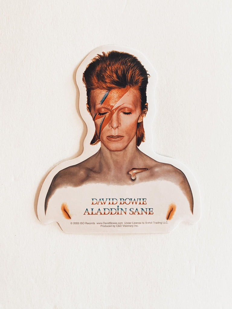 Sticker of David Bowie with 'Aladdin Sane' album text held by a hand. Official band merch available at Rock & Roll Jane.