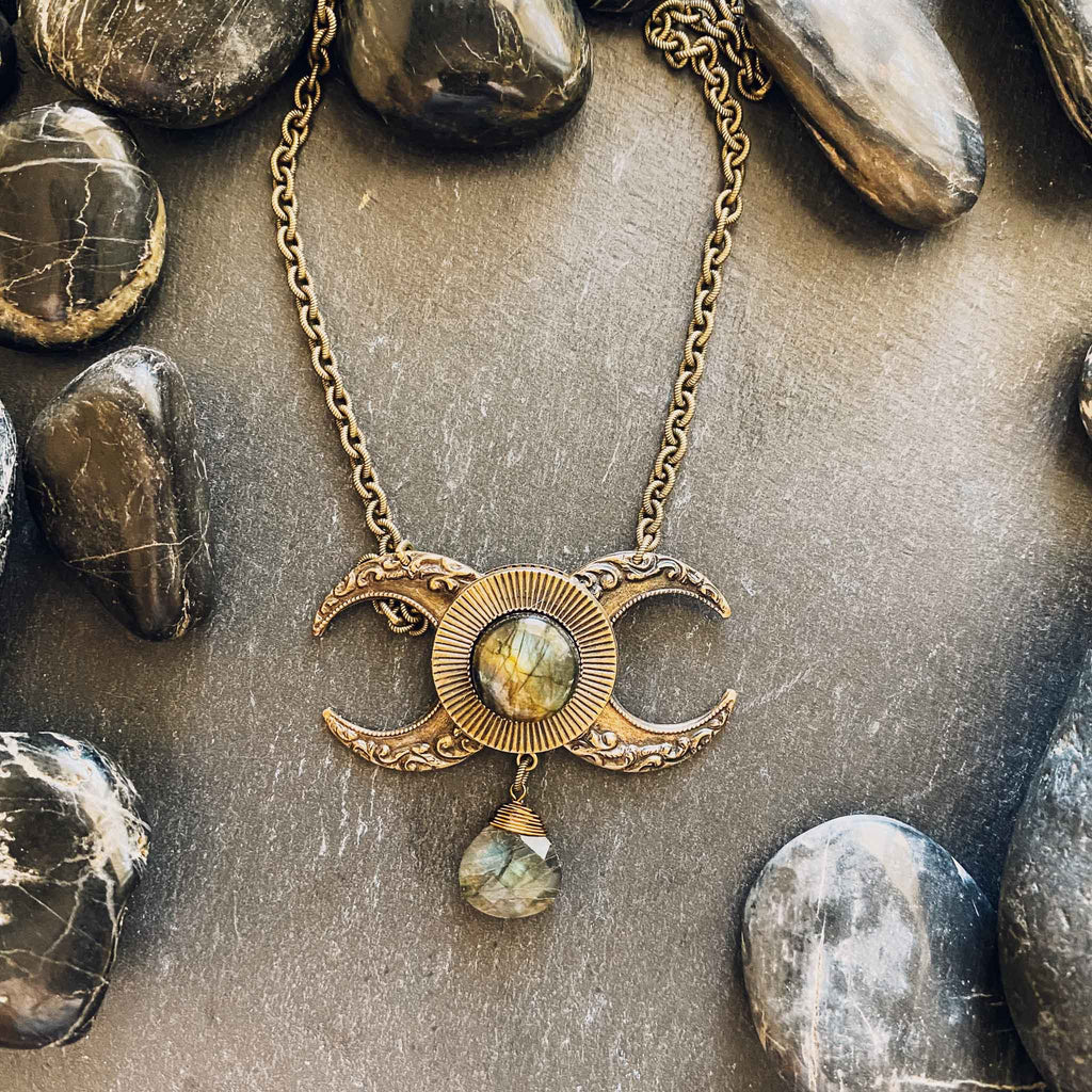 Horned Goddess Pendant necklace with Labradorite gemstones | moon jewelry | Available at Rock & Roll Jane