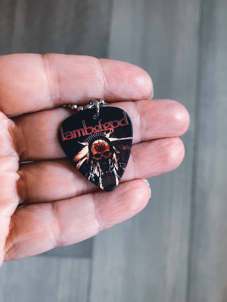 Lamb of God "Wrath Trophy" guitar pick necklace | front and back graphic | Artwork from the band's "Wrath" album | Available at Rock & Roll Jane | Officially licensed band tees and accessories