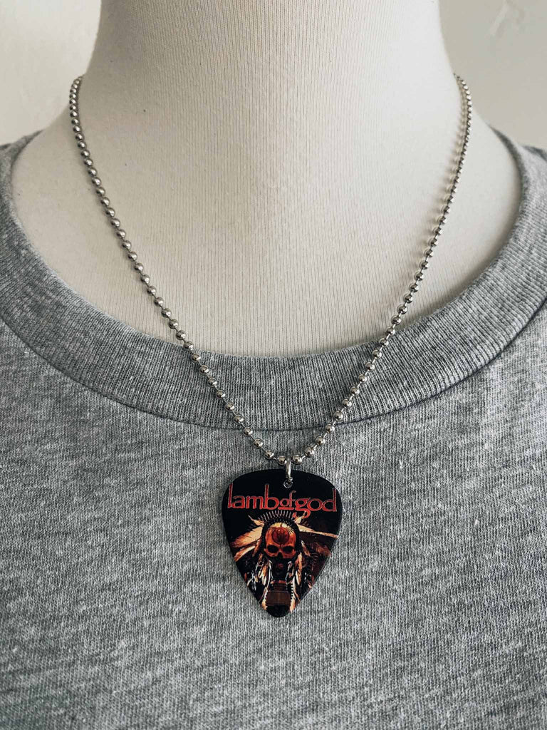 Lamb of God "Wrath Trophy" guitar pick necklace | front and back graphic | Artwork from the band's "Wrath" album | Available at Rock & Roll Jane | Officially licensed band tees and accessories