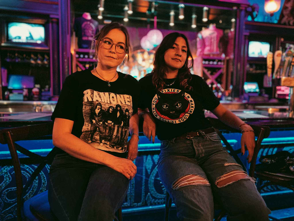 Two women modeling band tees from the Ramones and the Pixies | Rock & Roll Jane | Officially licensed band tees and accessories