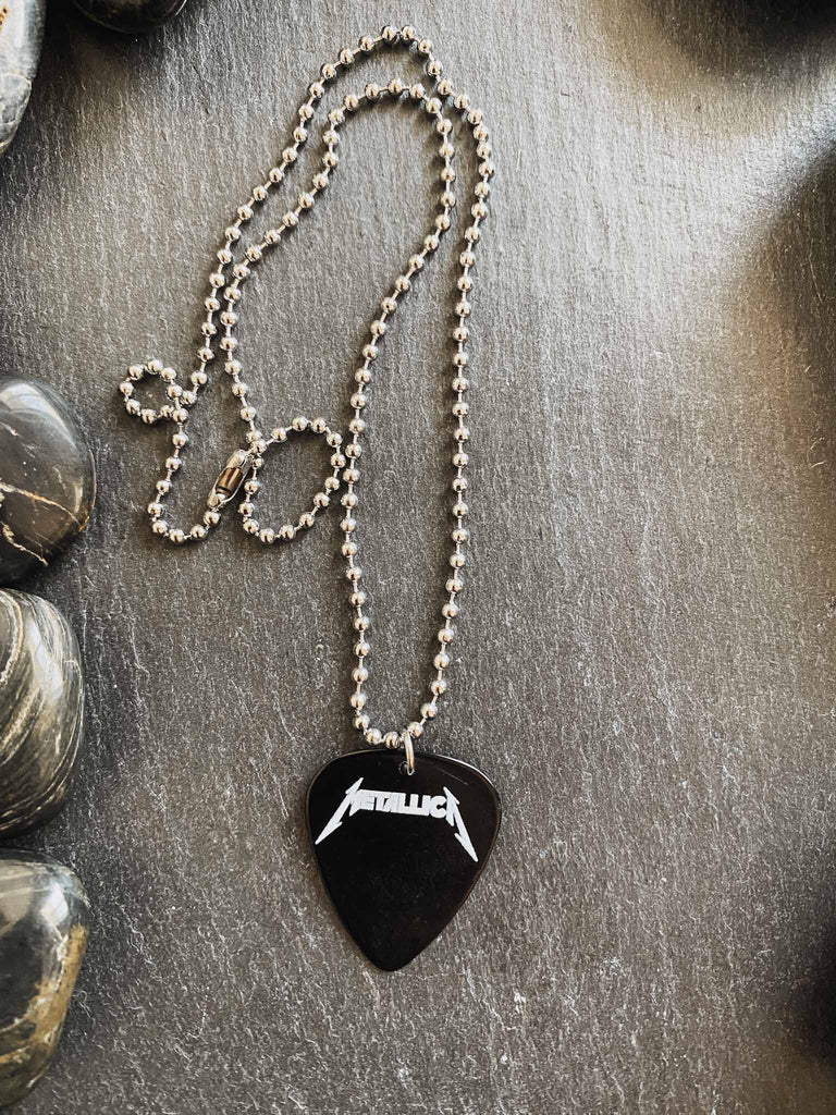 Metallica guitar pick necklace | 18" ball chain with extra cord | Officially licensed band tees and band merch | Rock & Roll Jane