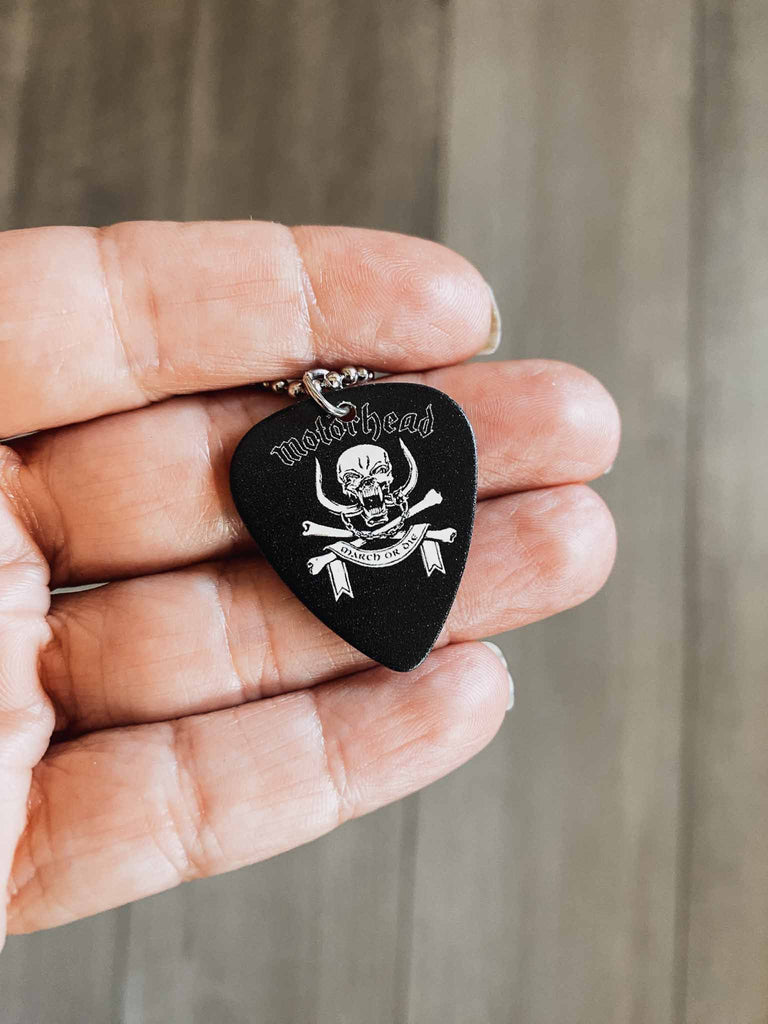 Motorhead guitar pick necklace | 18" ball chain with extra cord | Available at Rock & Roll Jane | Officially licensed band tees and merch