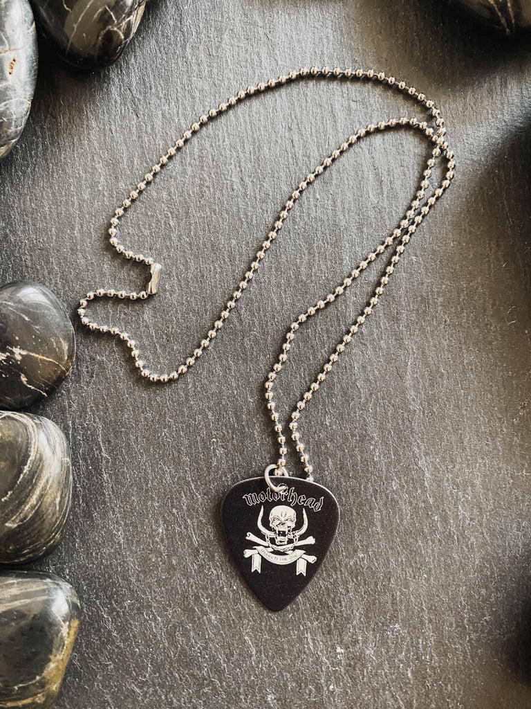 Motorhead guitar pick necklace | 18" ball chain with extra cord | Available at Rock & Roll Jane | Officially licensed band tees and merch