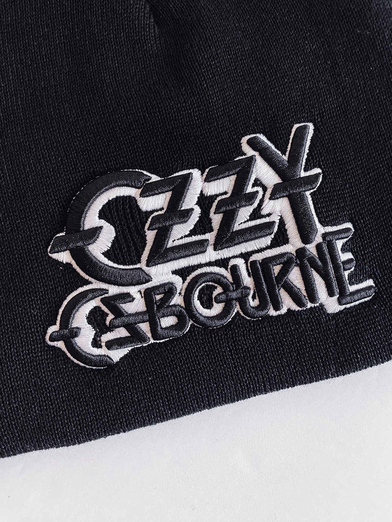 Ozzy Osbourne officially licensed beanie | Black knit with white and black embroidered logo | Rock & Roll Jane | Officially licensed band tees and merch