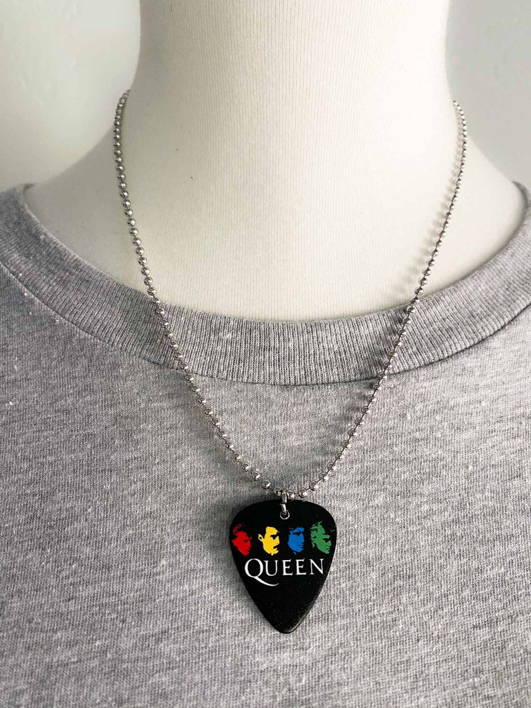 Queen Guitar Pick Necklace | 18" silver ball chain with design front and back | Band merch | Available at Rock & Roll Jane