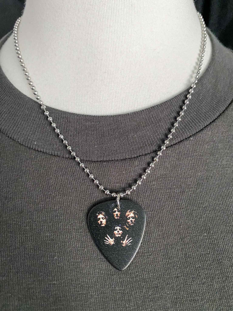 Queen Guitar Pick Necklace | 18" silver ball chain with design front and back | Band merch | Available at Rock & Roll Jane