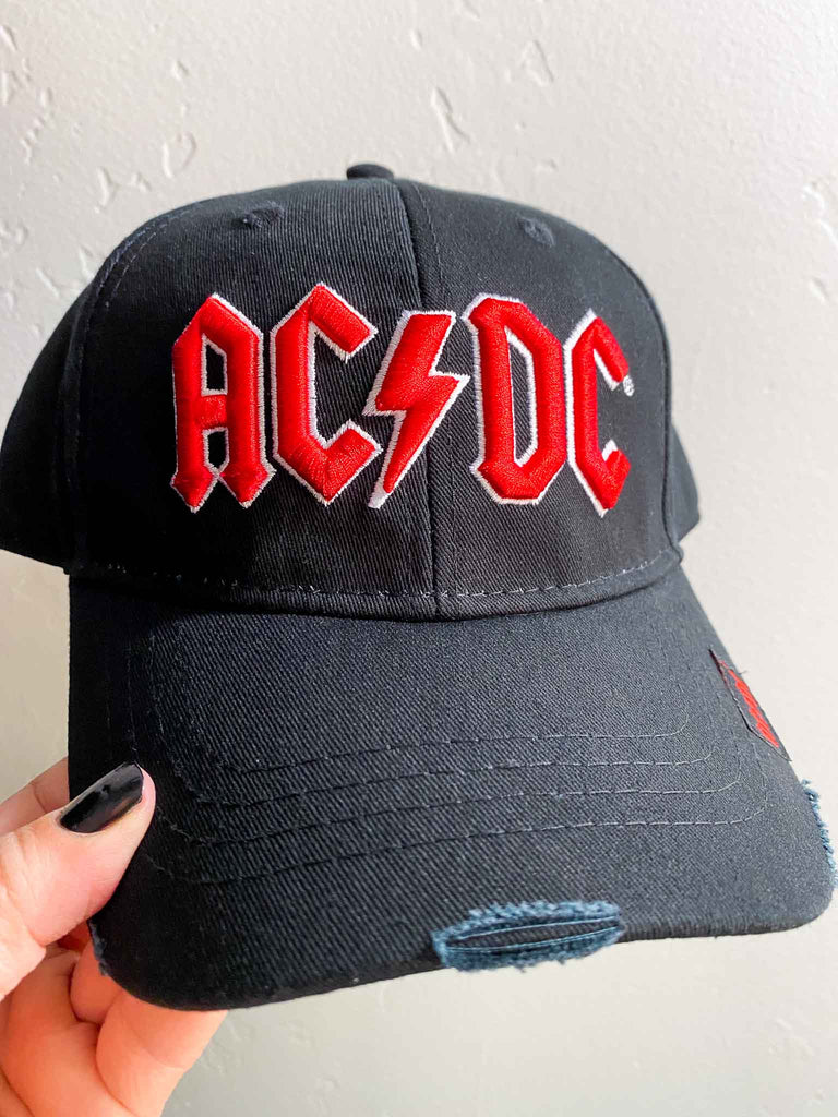 AC/DC baseball cap | Red Thunderbolt logo black distressed cap | Official merchandise | Rock & Roll Jane