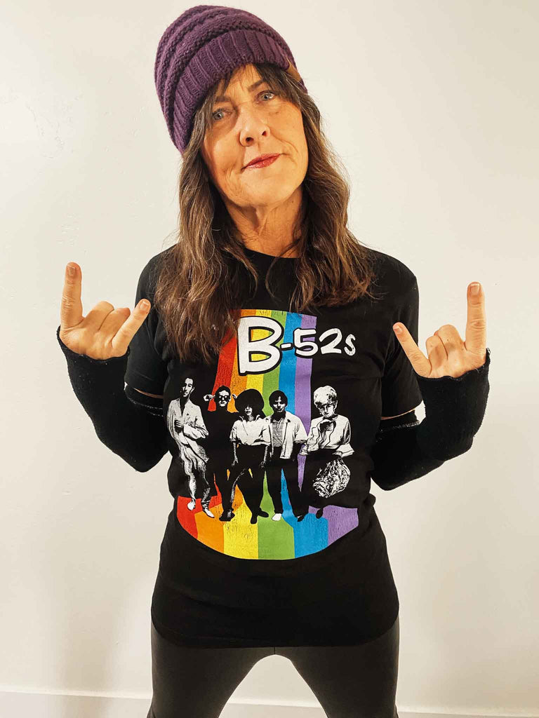 The B-52s Retro Rainbow Adult Black Band T-Shirt | Officially Licensed Band tee | Rock & Roll Jane