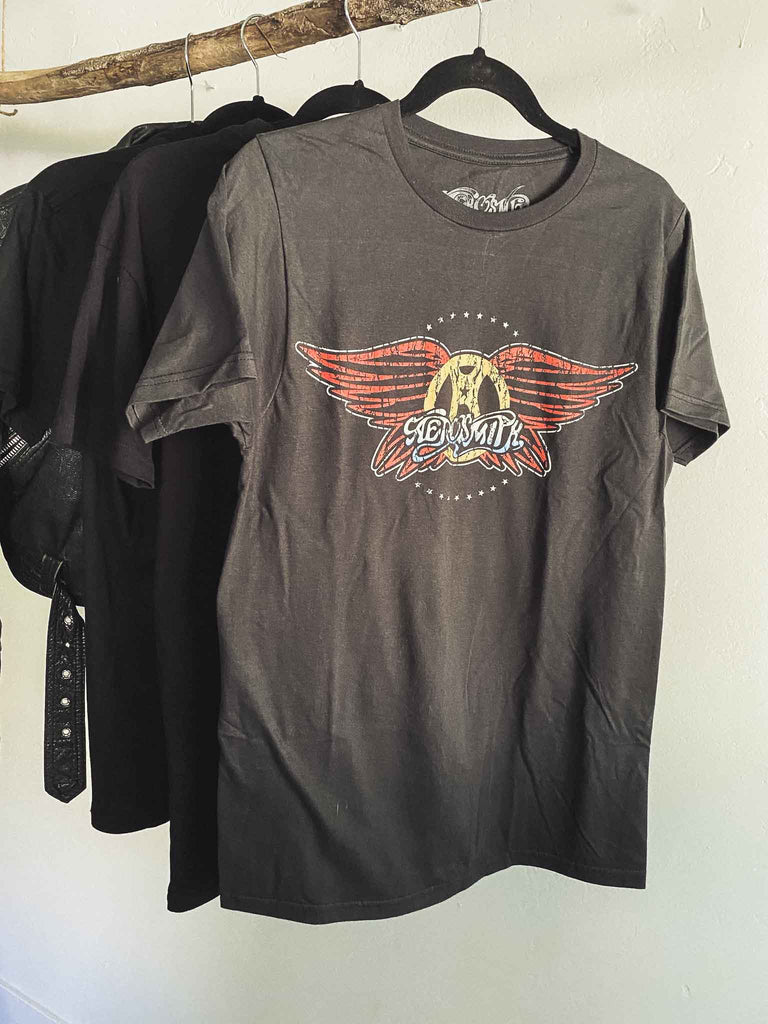 Aerosmith Wings Distressed Logo Dark Gray T-shirt | Officially Licensed Band tees | Rock & Roll Jane