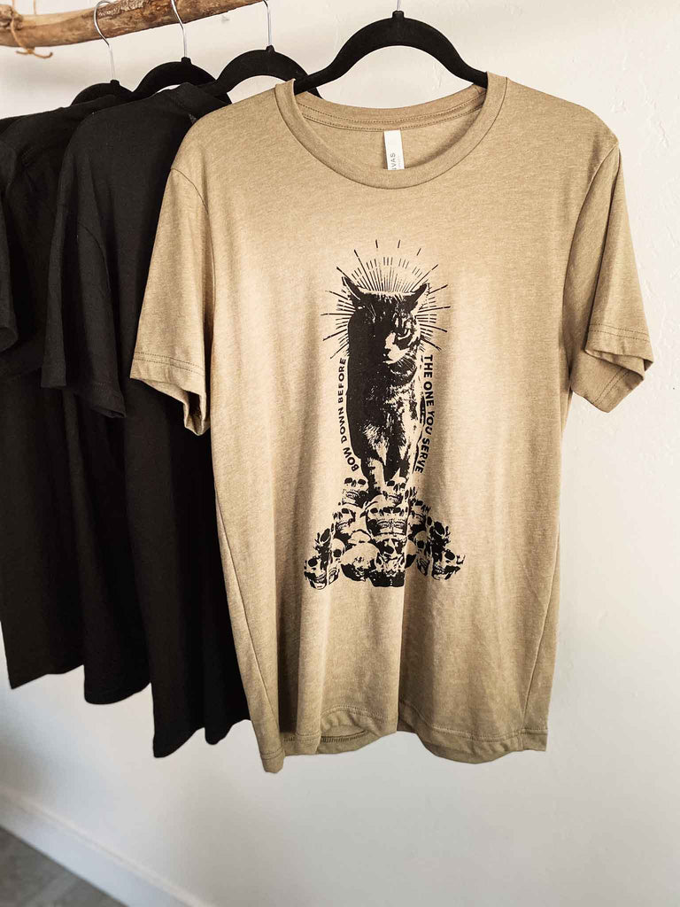 Bow Down Cat Worship T-Shirt in Heather Olive | Graphic Tees | Rock & Roll Jane