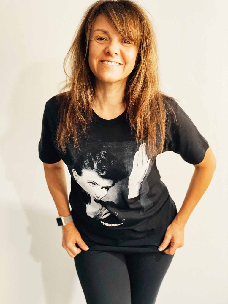 Woman wearing an officially licensed David Bowie "Heroes" t-shirt | Band tees and merch | Rock & Roll Jane