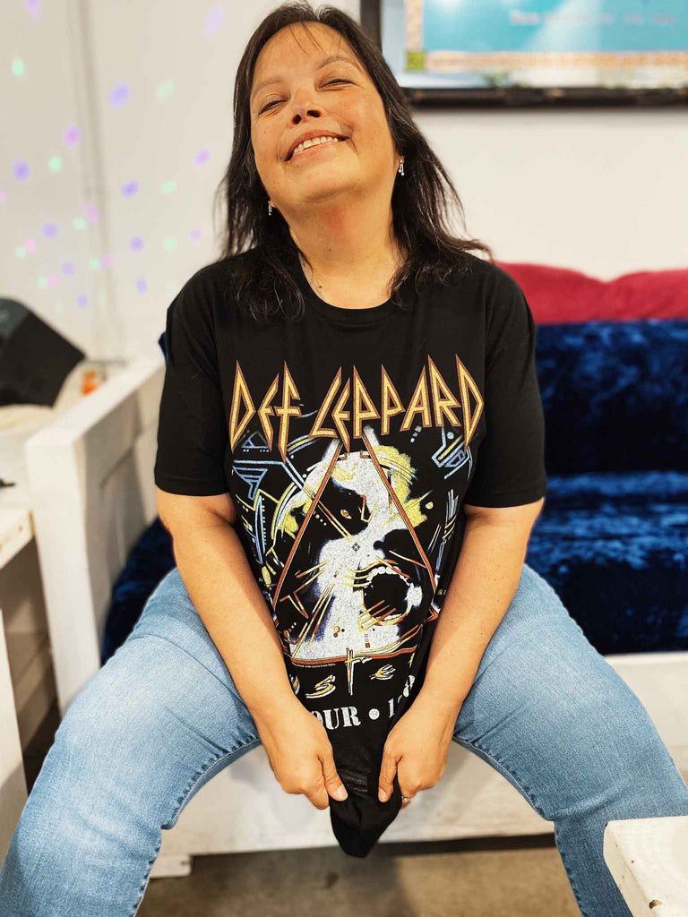Woman modeling Def Leppard Hysteria Tour Black T-shirt | Officially licensed band tee | Rock & Roll Jane