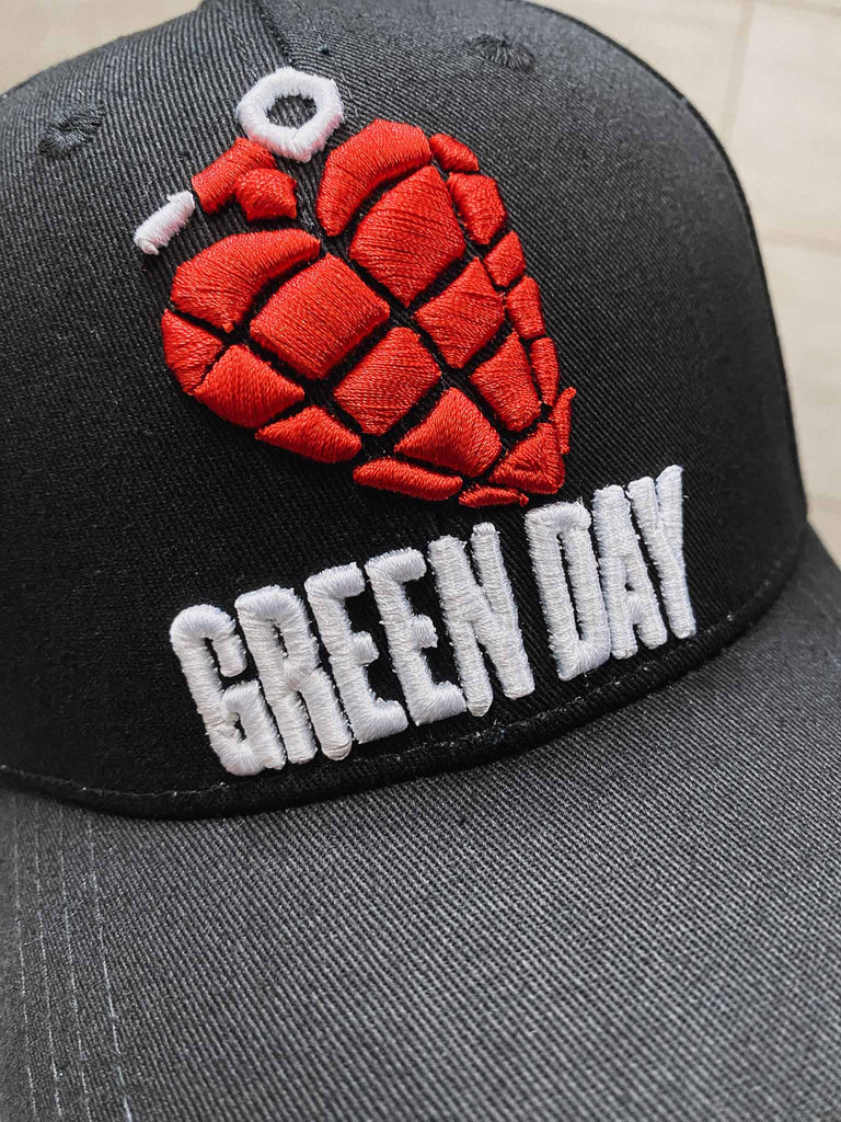 Green Day Officially licensed Grenade logo baseball cap | black with embroidered red grenade and white band name | band merch | Rock & Roll Jane