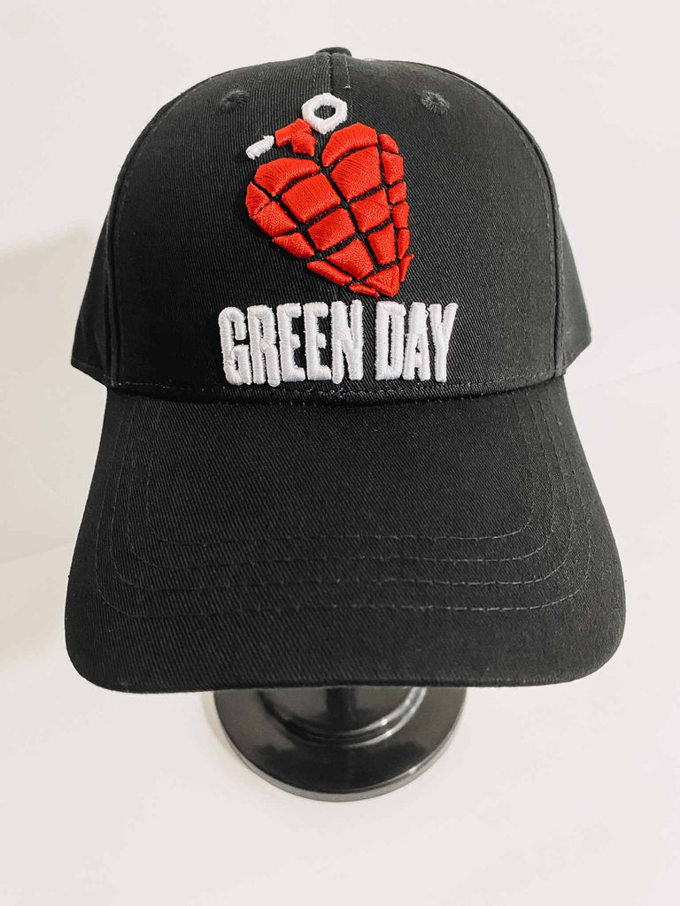Green Day Officially licensed Grenade logo baseball cap | black with embroidered red grenade and white band name | band merch | Rock & Roll Jane