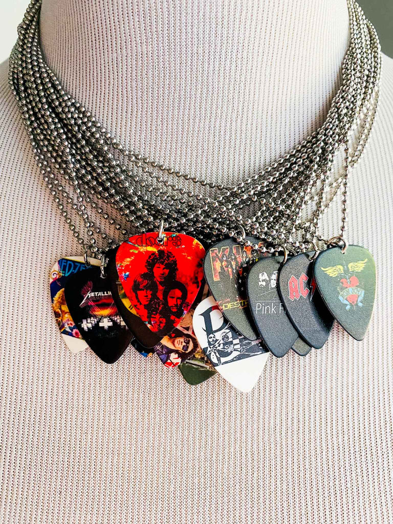 Guitar pick necklaces of Led Zeppelin, Beatles, Aerosmith, Metallica, and more | Rock & Roll Jane