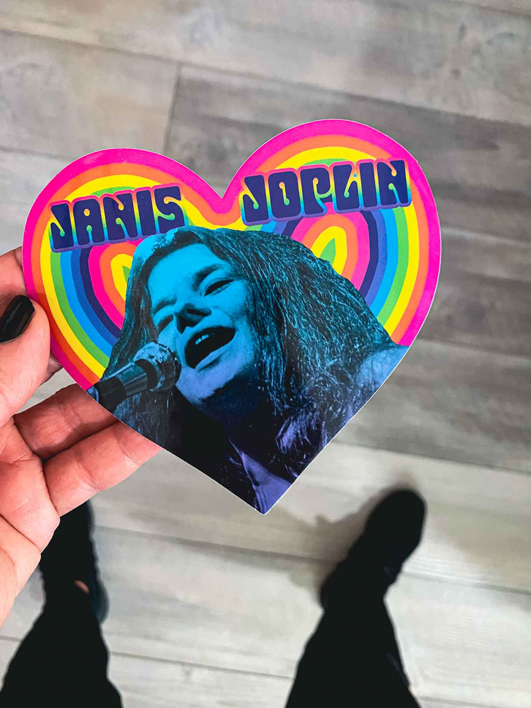 Janis Joplin Rainbow Heart Sticker | Officially licensed rock and roll merchandise | Rock & Roll Jane