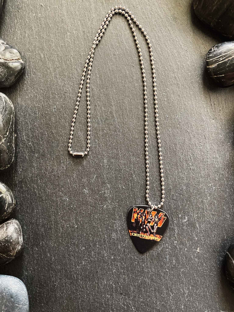 Kiss Destroyer Guitar Pick Necklace on silver ball chain | Kiss Destroyer | band merchandise | Rock & Roll Jane