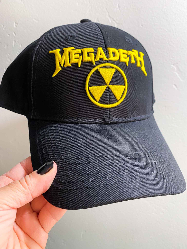 Megadeth yellow embroidered hazard logo baseball cap | Official band merch | Rock & Roll Jane