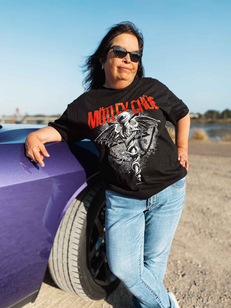 woman modeling Motley Crue Dr. Feelgood Black T-shirt | Officially licensed band tee | Rock & Roll Jane