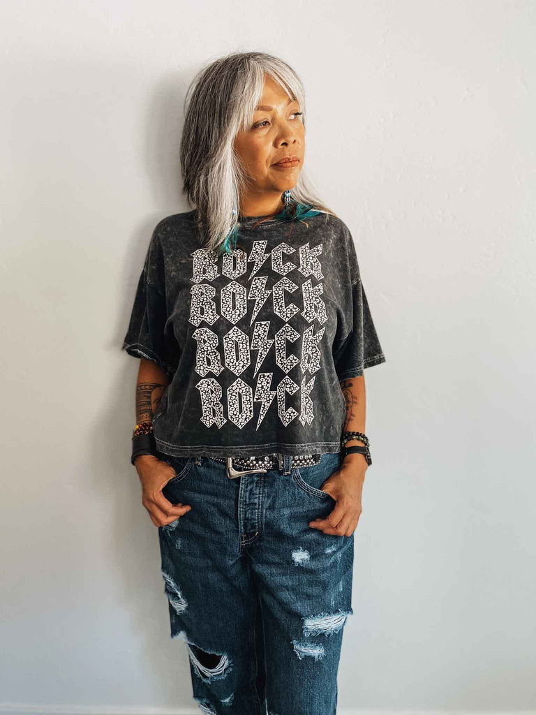 Thunderbolt Rock N' Roll Vintage Mineral Washed Relaxed fit crop Graphic T-Shirt | Band tees and graphic tees | Rock & Roll Jane