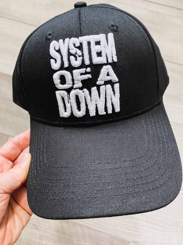 System of a Down officially licensed black baseball hat | embroidered logo on front with adjustable snap strip | official band merch | Rock & Roll Jane